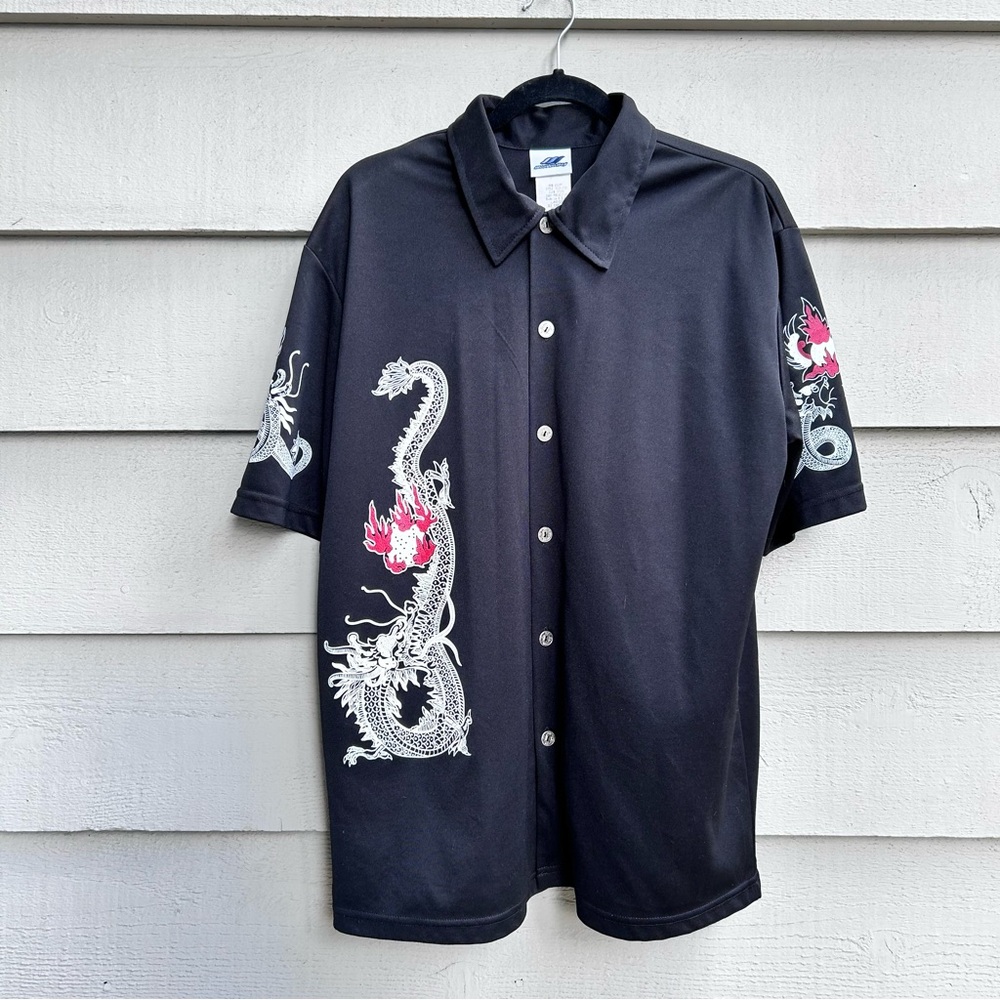 Vintage Wooden Dog Dragon Button Down Black 90s Y2k Made in USA Size Large